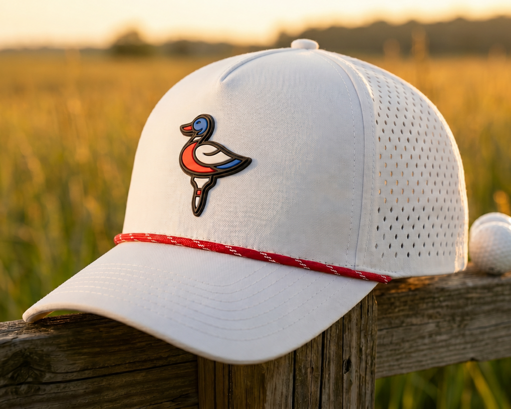 White golf cap with a patriotic 4th of july themed PVC rubber patch logo on a wooden fence in a field at sunset.