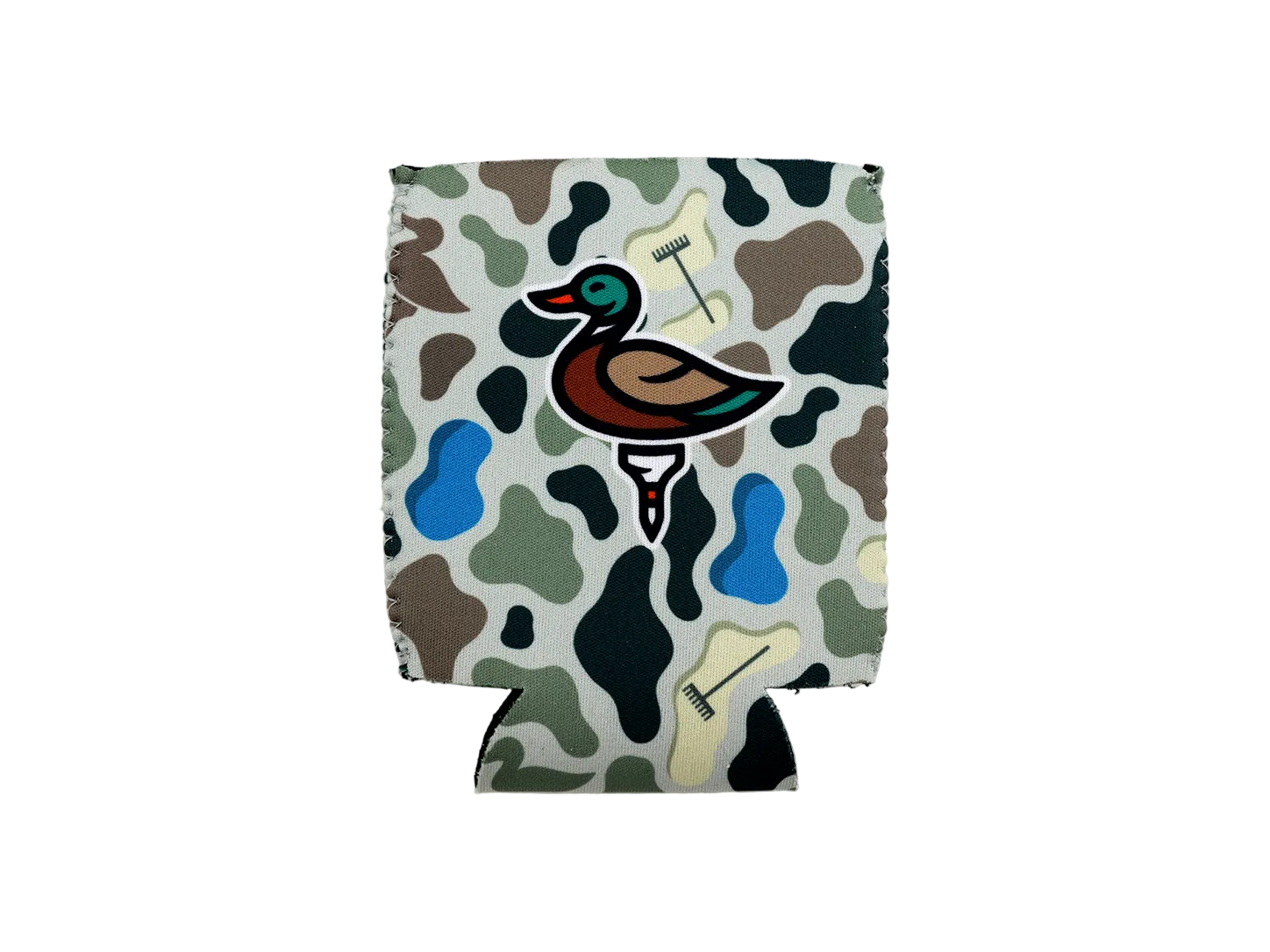 A fabric can cooler sleeve featuring a woodland camouflage pattern with a central duck and bone graphic, shown on a plain white background.