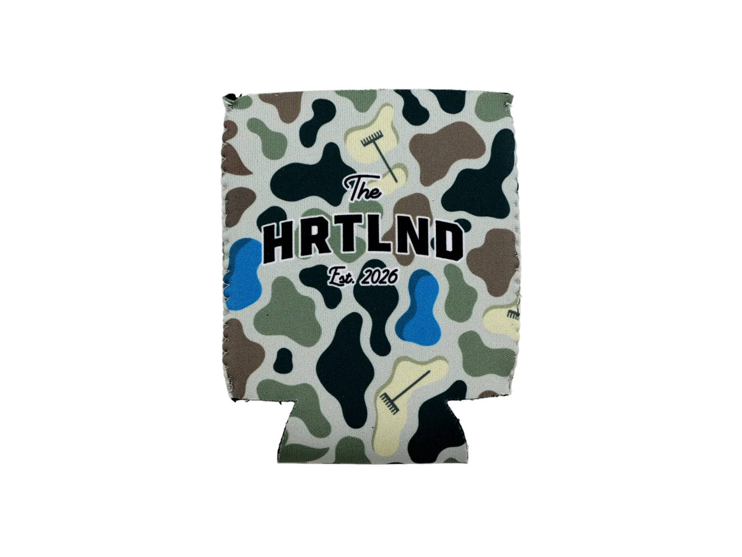 A custom neoprene can cooler featuring a green, brown, and black camouflage pattern with golf club illustrations and the text 'The HRTLND For. 2026' printed on the front, shown against a plain white background.