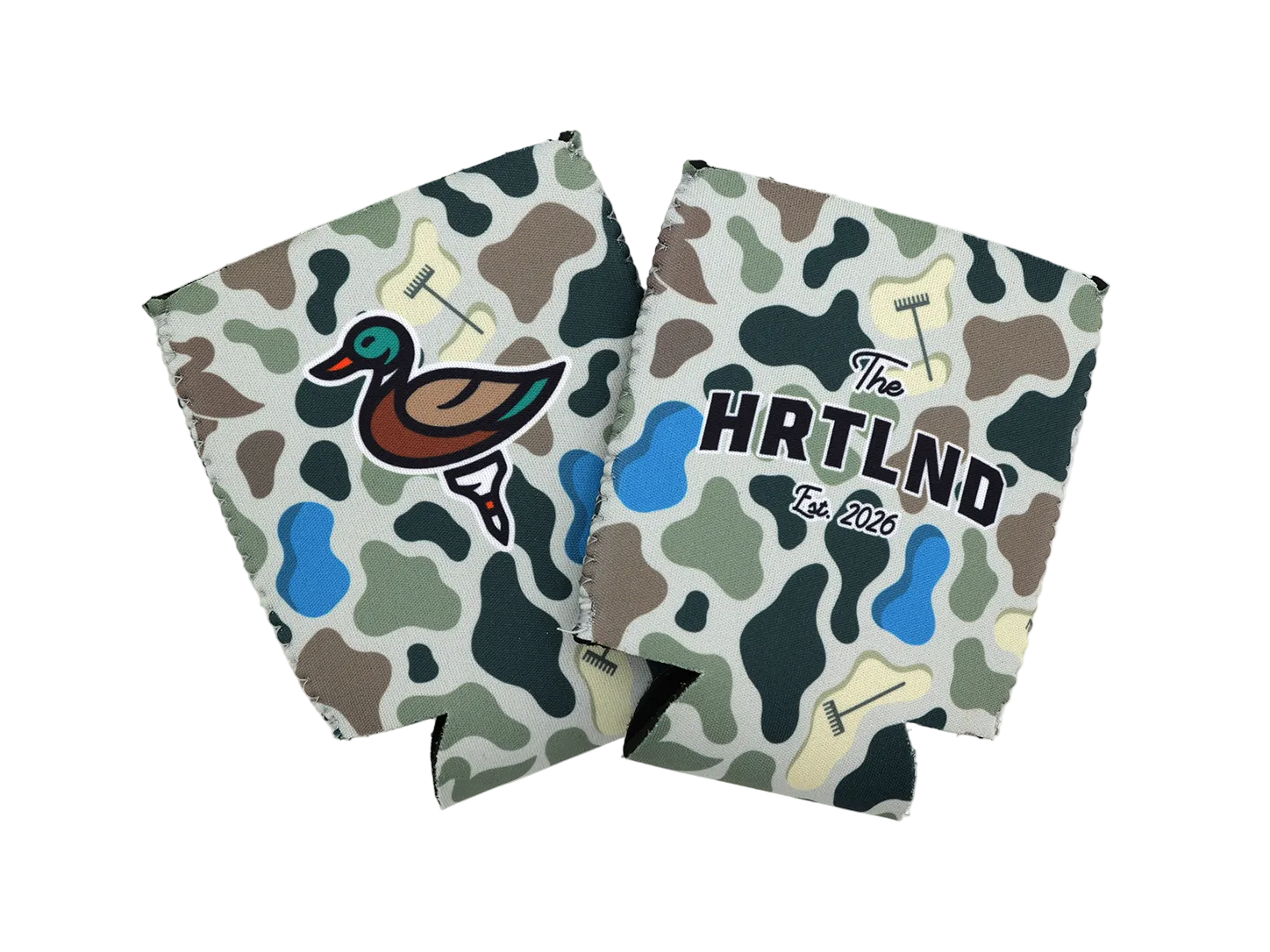 Two camouflage can coolers on a white background, one featuring a duck logo and the other featuring 'The HRTLD Lap 500' text.